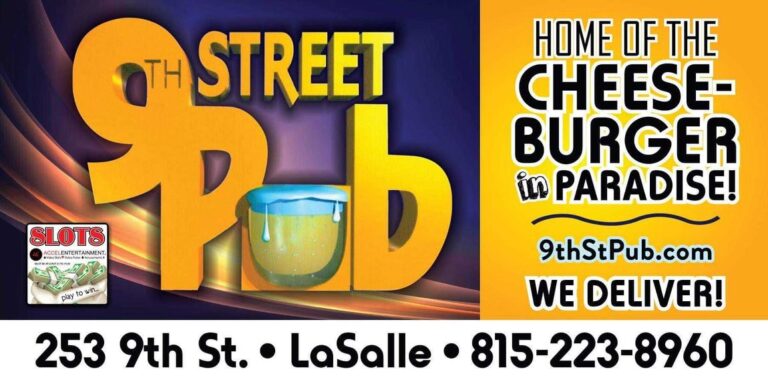 The 9th Street Pub sign at 253 9th Street in La Salle, IL, advertising the Cheeseburger in Paradise and delivery