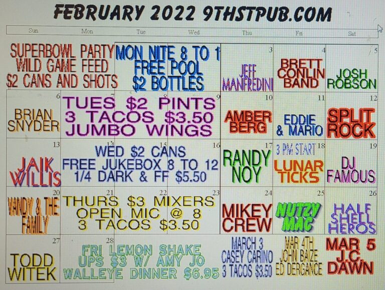 Weekly specials and events board at 9th Street Pub listing taco nights, jumbo wings, free pool, open mic and upcoming bands